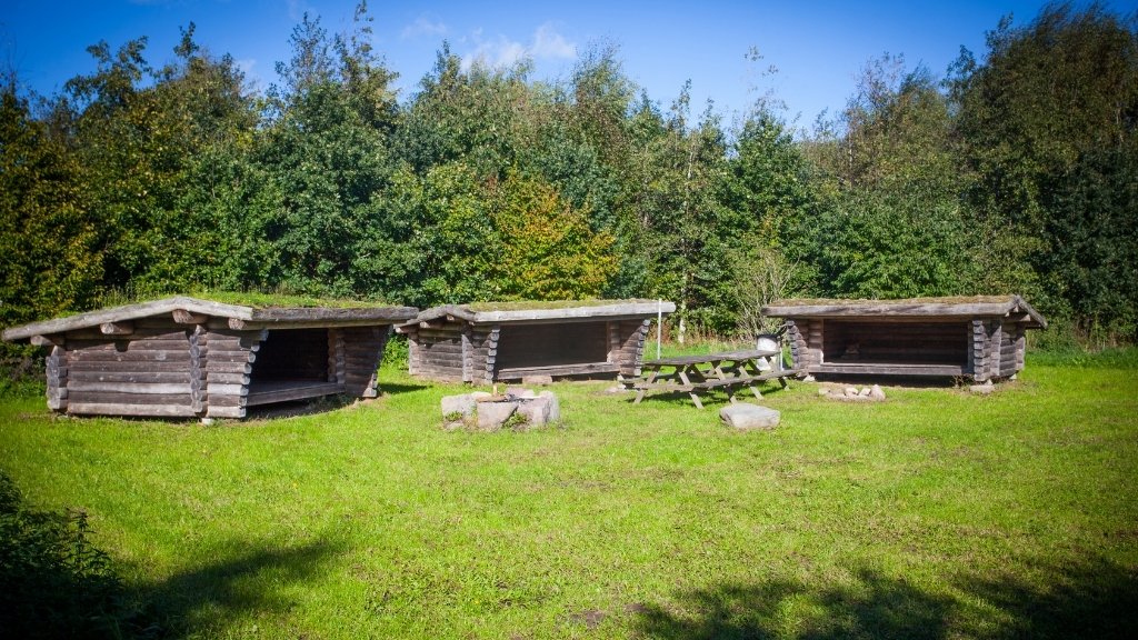 Shelter site at Søholm with multiple shelters, fire pit and picnic table.