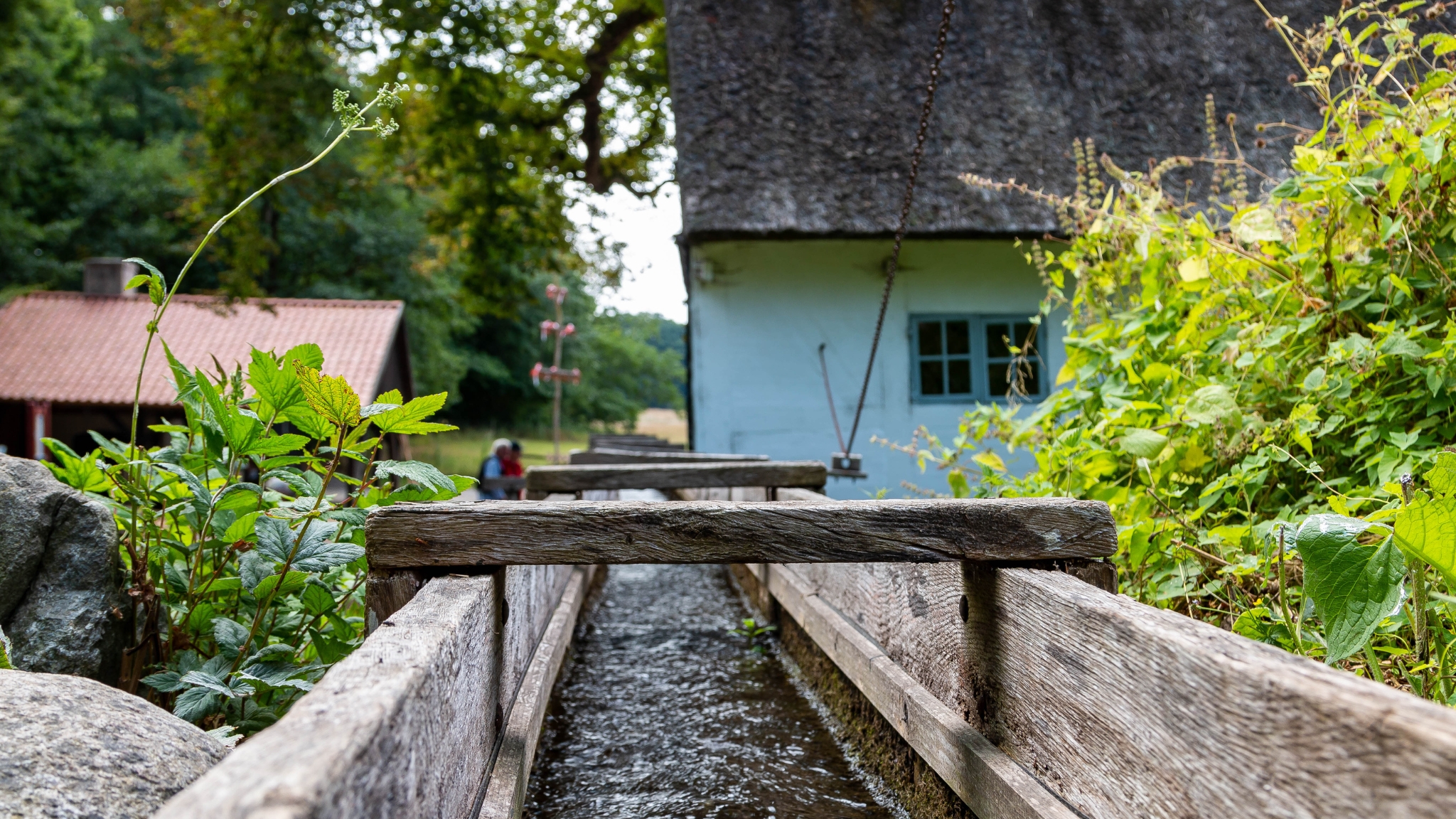 Wasserrinne mit fließendem Wasser bei der Tadre Mølle, umgeben von grüner Natur und historischen Gebäuden.