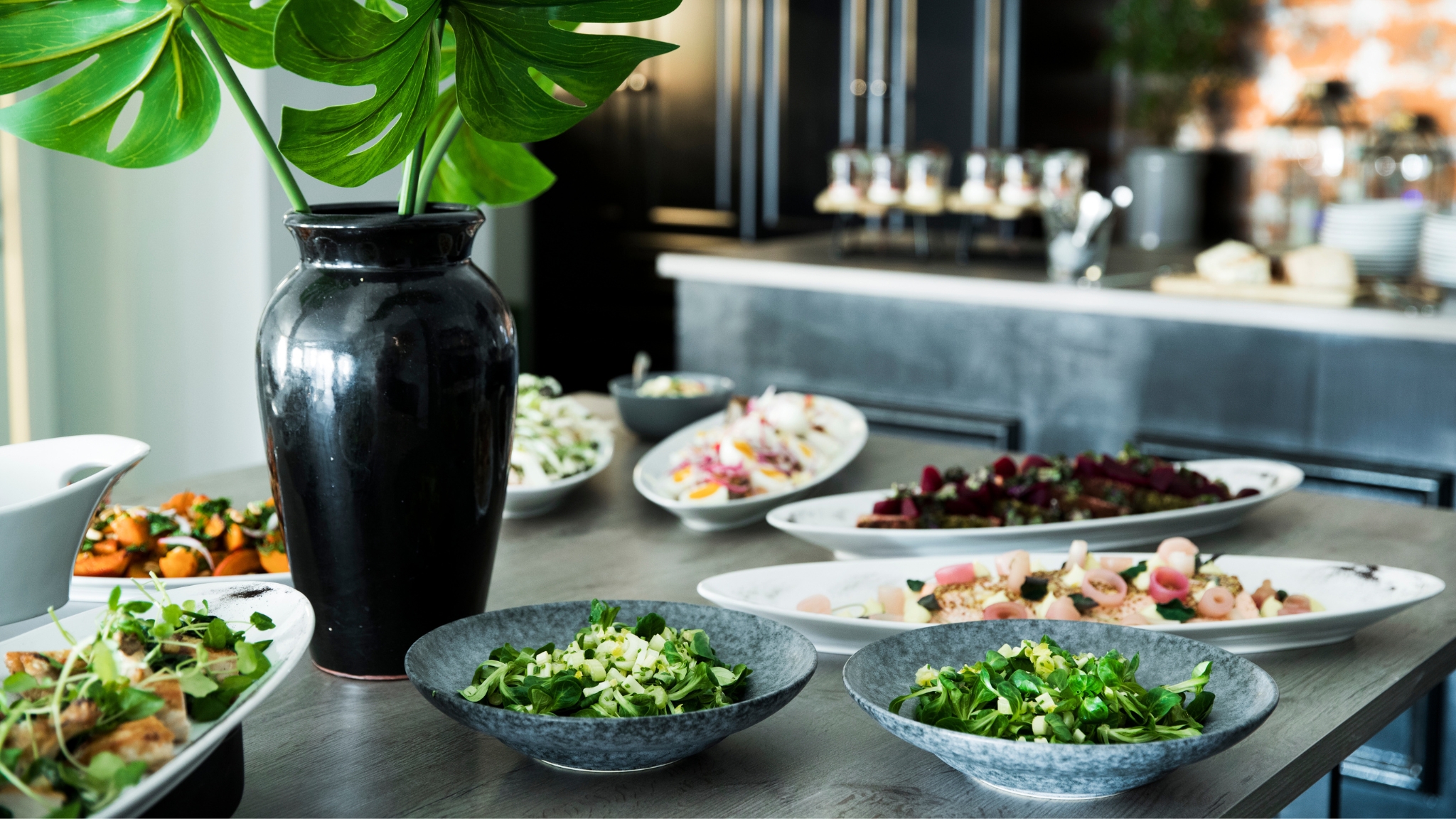 Buffet with salads and dishes at Skjalm Hvide Hotel.