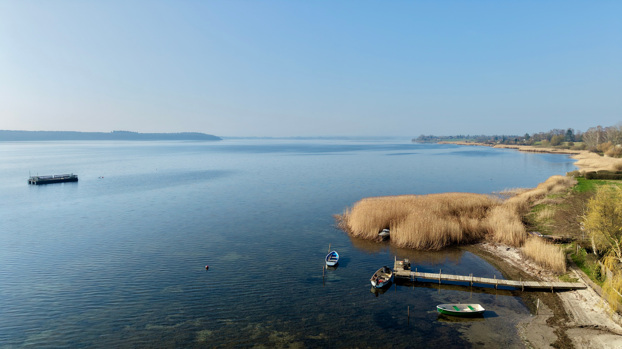 Blick über den Roskilde Fjord mit Schilf, Booten und Badesteg bei Gershøj.