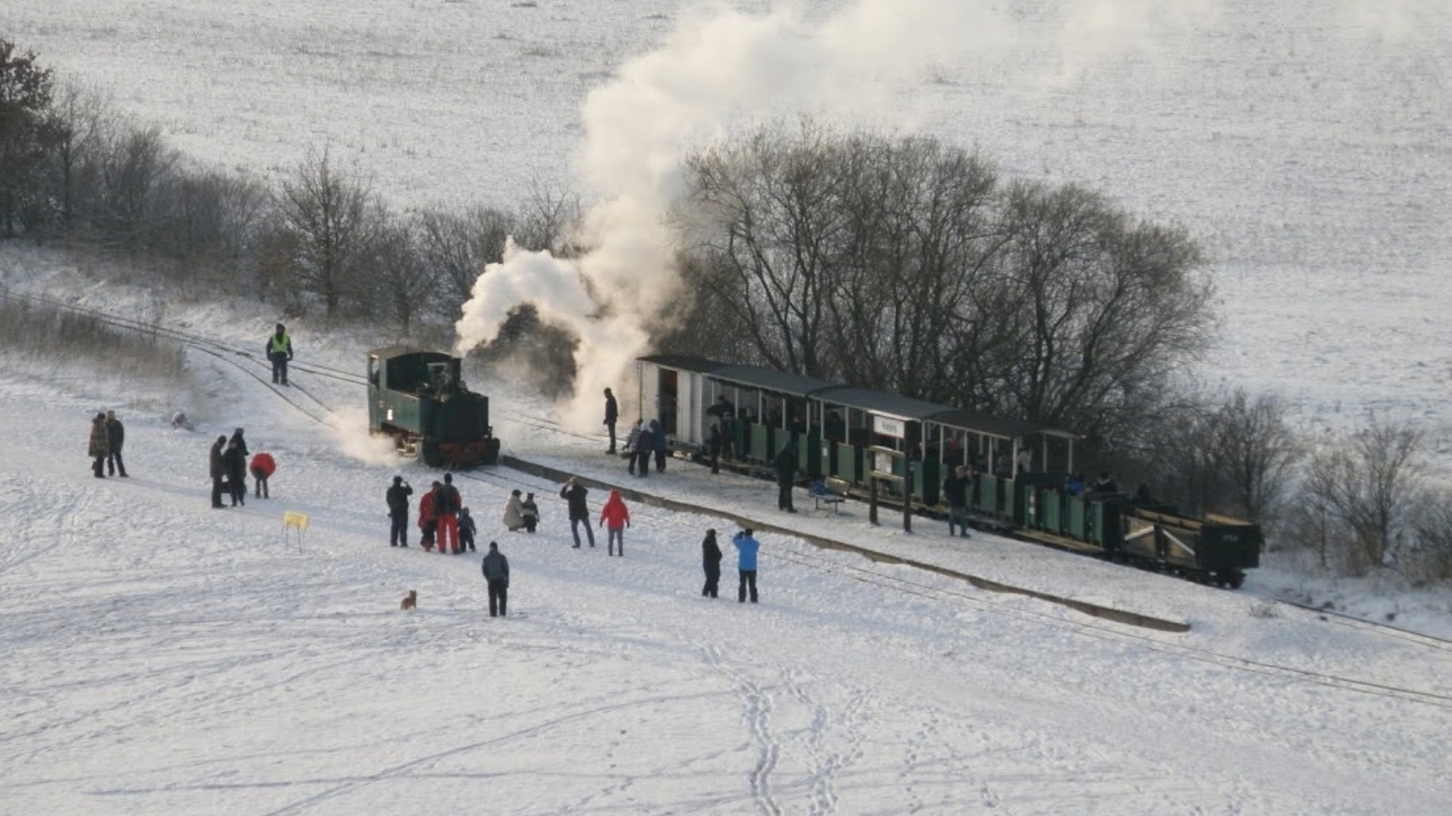 Dampflokomotive mit Personenwagen und Gästen im verschneiten Hedeland.
