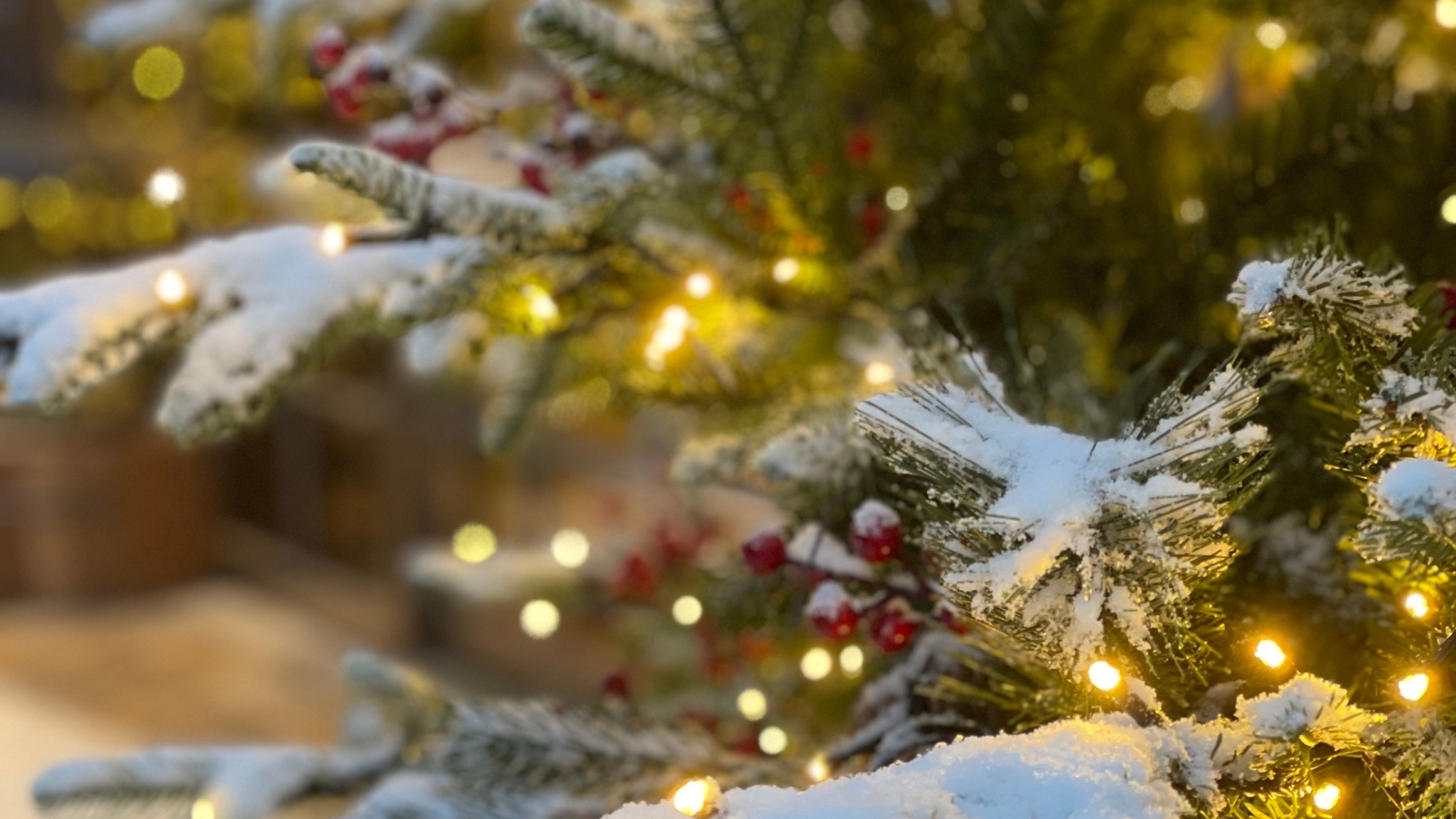 Weihnachtsbaum mit Schnee und Lichtern