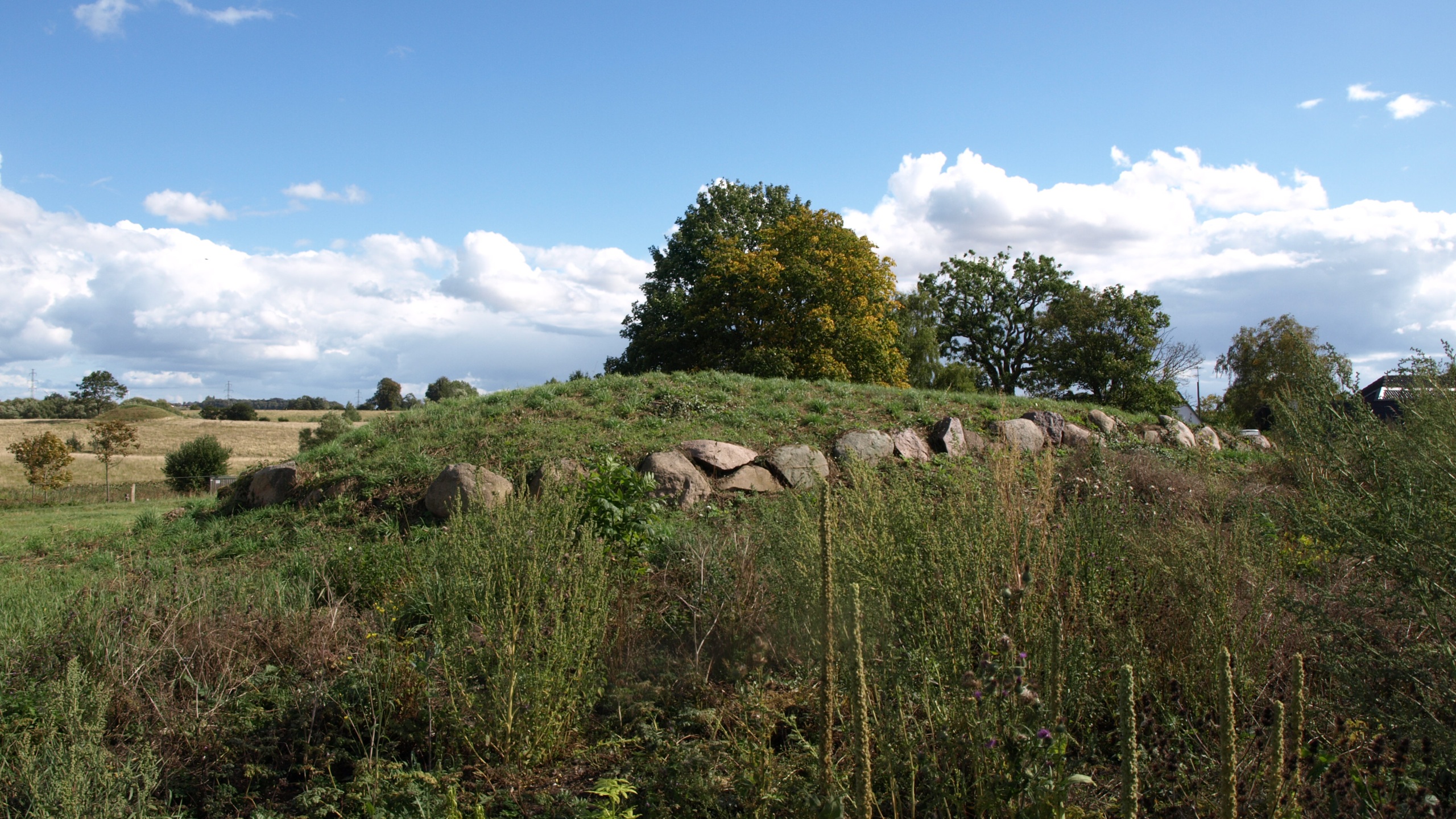 Randsteine und grasbewachsener Grabhügel unter blauem Himmel.