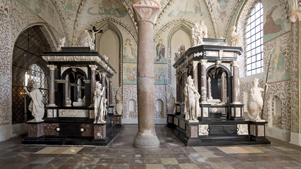Decorated royal tombs in Roskilde Cathedral