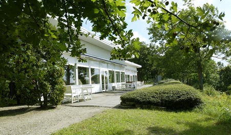 Restaurant Kalvø’s terrace surrounded by trees and greenery