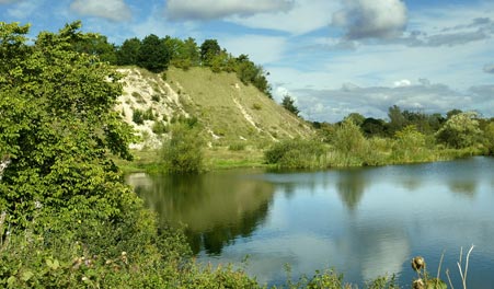 Steile, bewachsene Böschung am See in der ehemaligen Kiesgrube Skuldelev.
