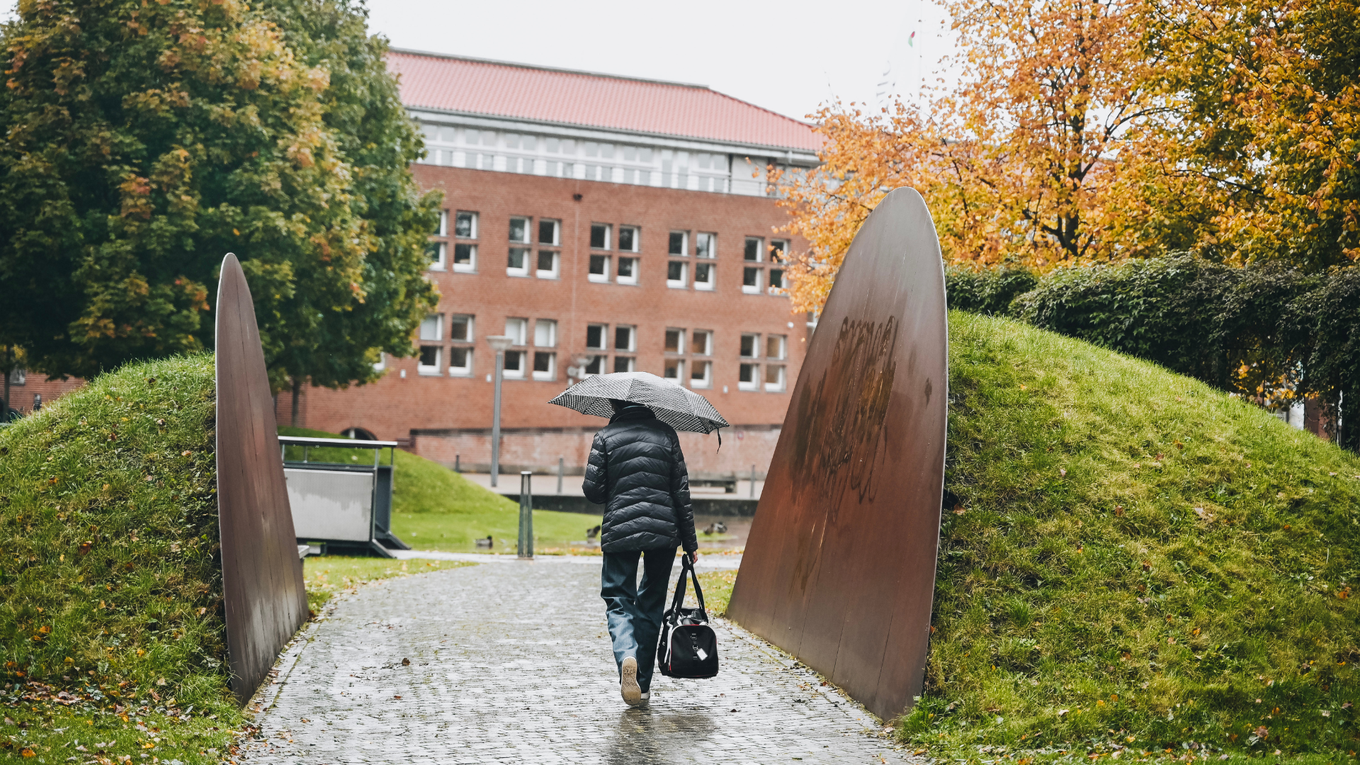 Walking with an umbrella in the autumn rain in the park
