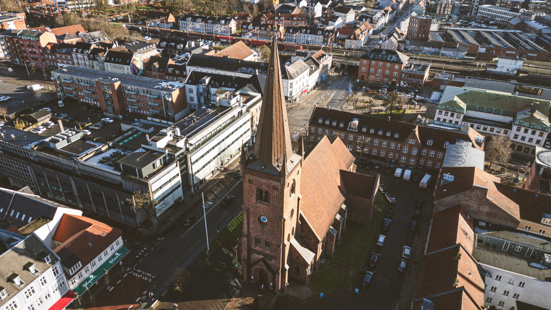 Drone photo of Sankt Nicolai Church in Vejle