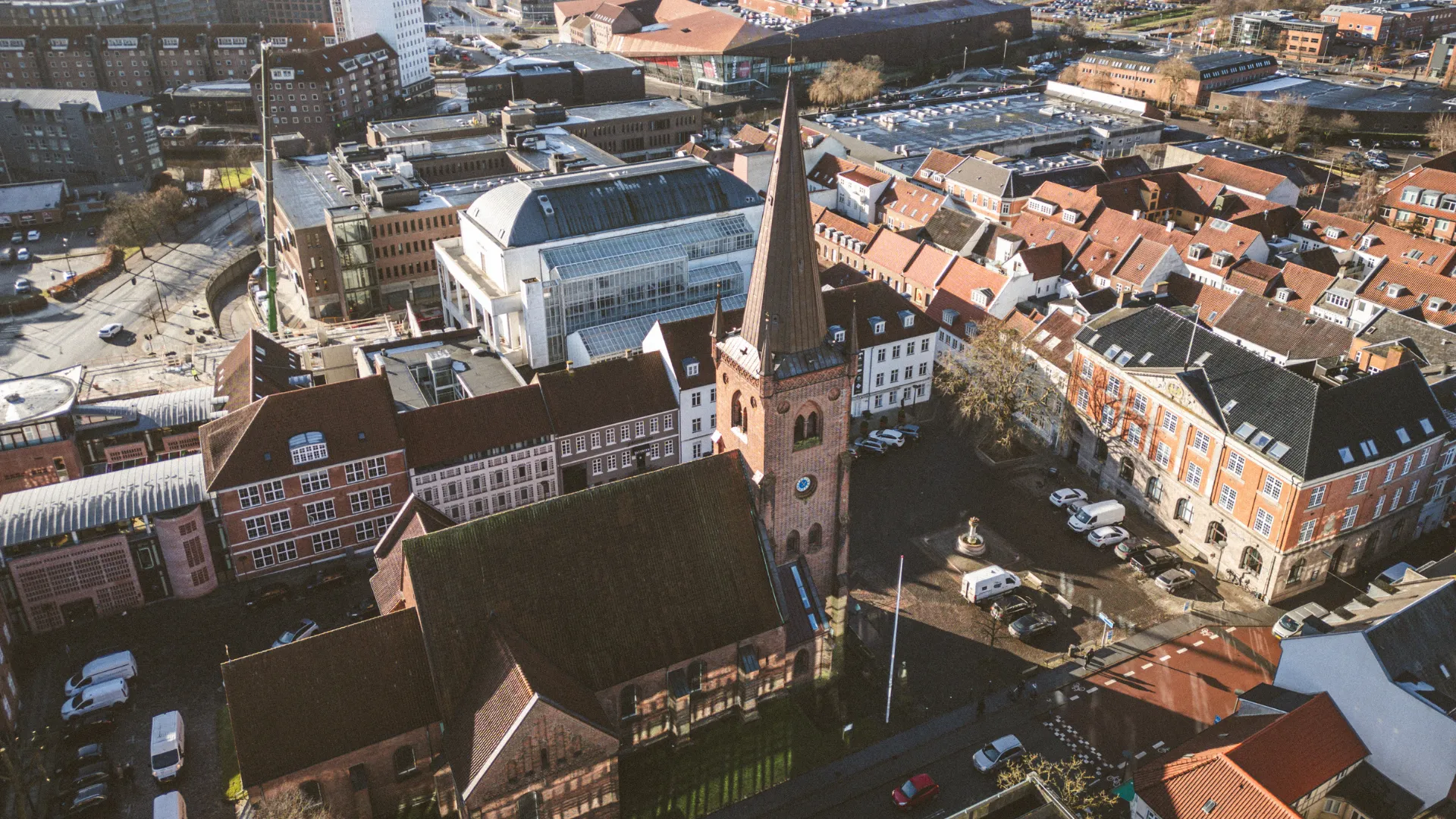 Sankt Nicolai Church seen from above with drone
