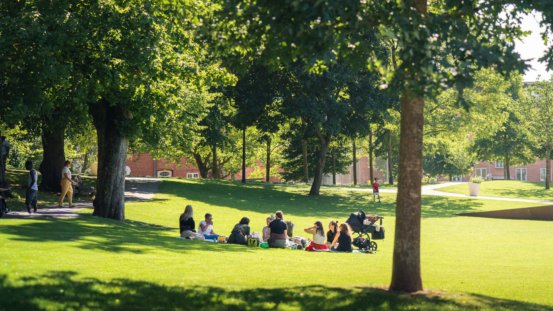 Women sitting on the grass in Mariaparken on a summer day