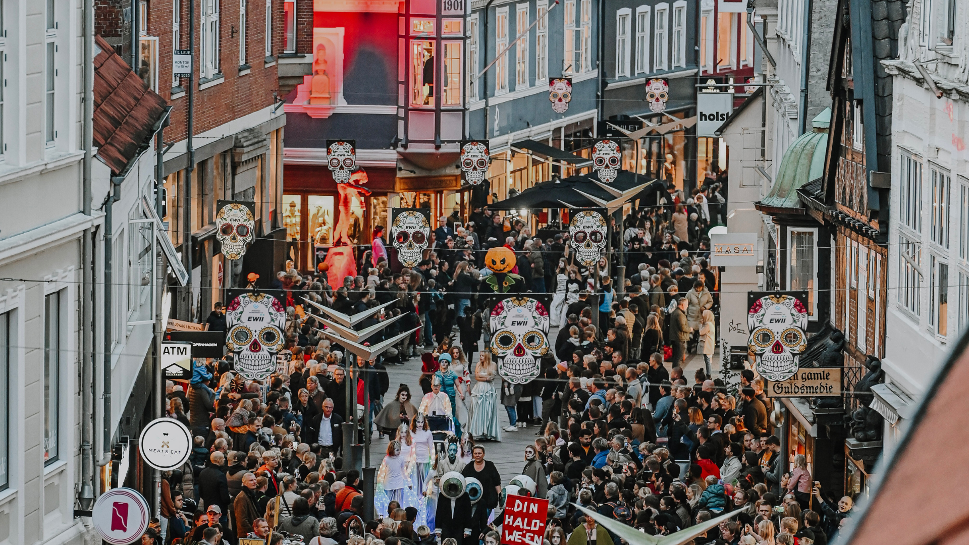 Huge Halloween parade moves through the pedestrian street in Vejle
