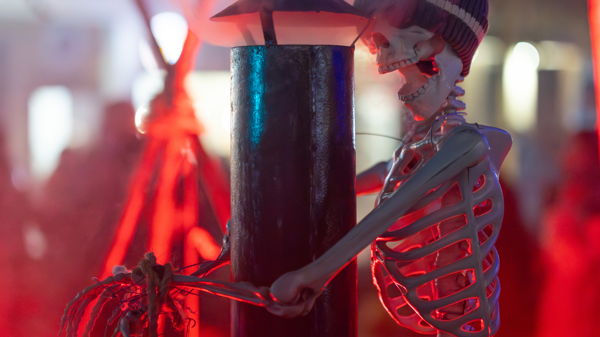 Skeleton decorations for Halloween in Vejle city centre