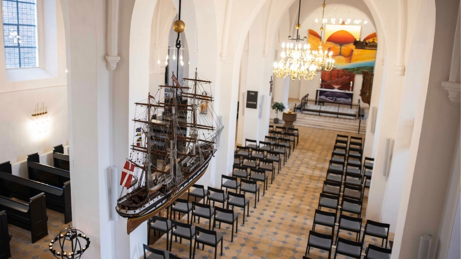 View of Sankt Nicolai Church interior, seen from the west