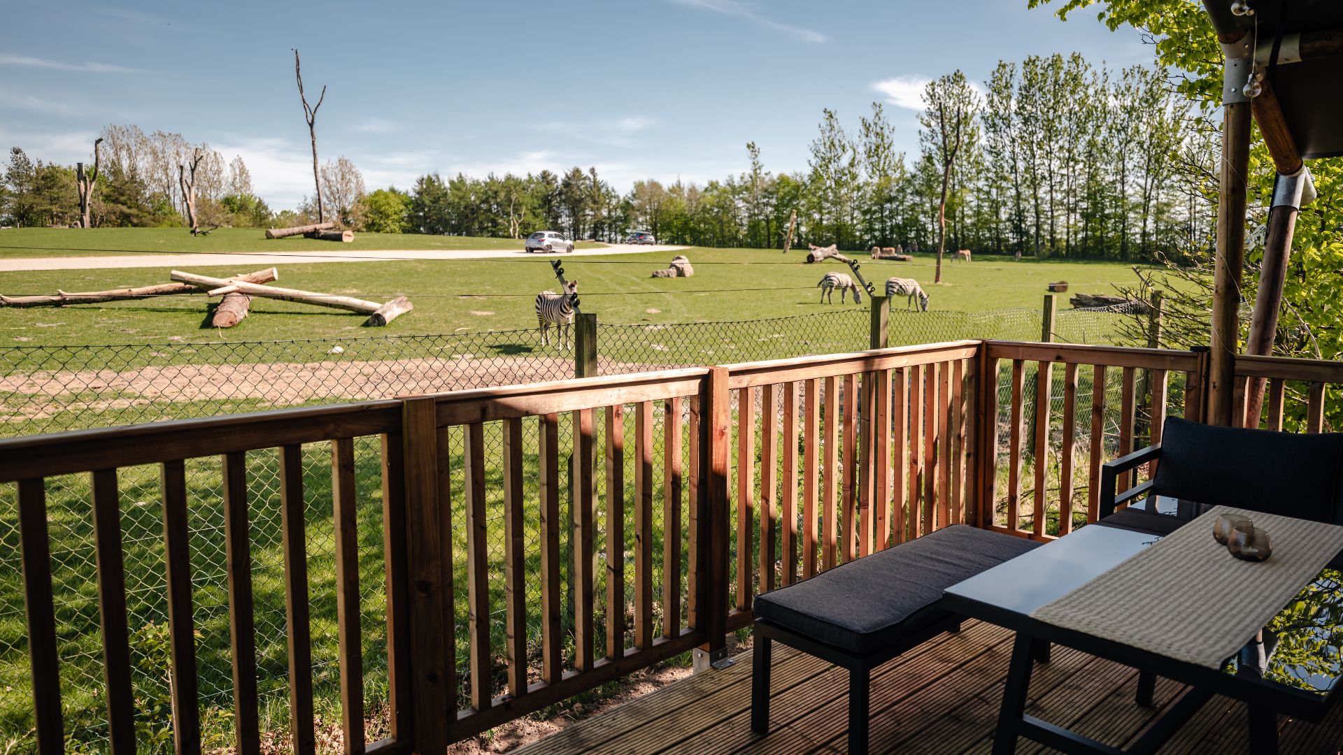 Terrasse mit Blick auf die Savanne im Safari Camp des Givskud Zoos