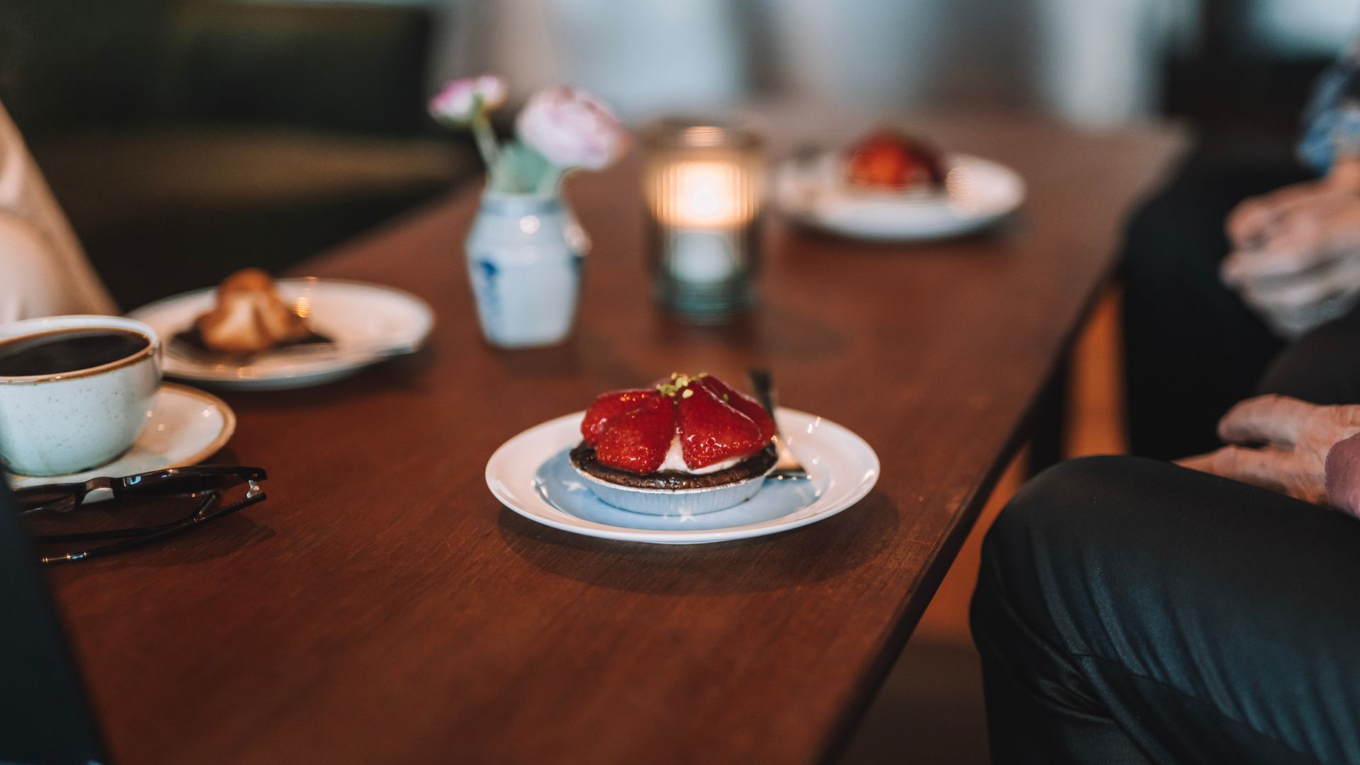 Strawberry tarts and coffee being enjoyed at Egtved Bageri near Vejle