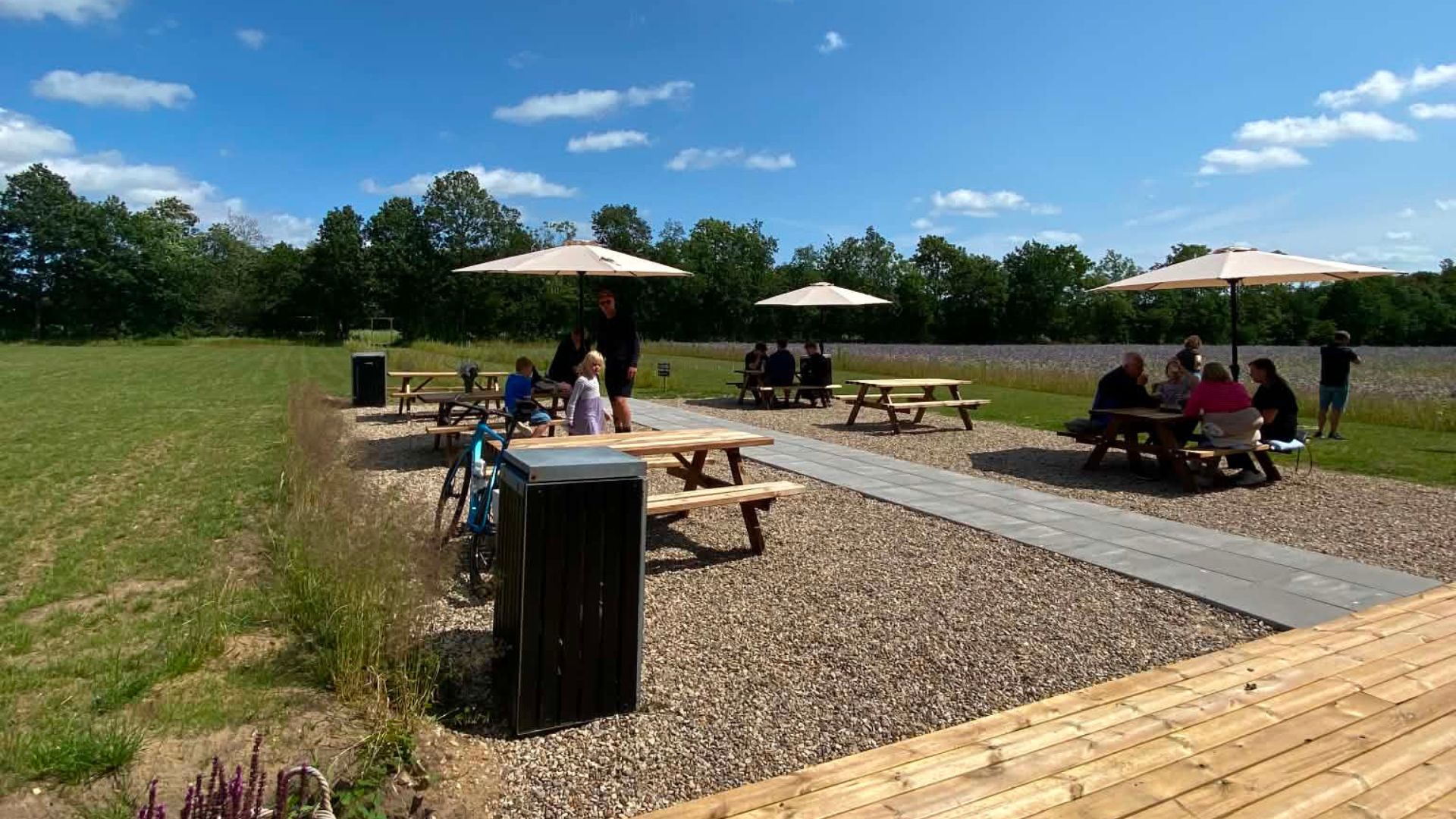 Familien und Freunde genießen das schöne Wetter bei Egtvedlabyrinten nahe Vejle