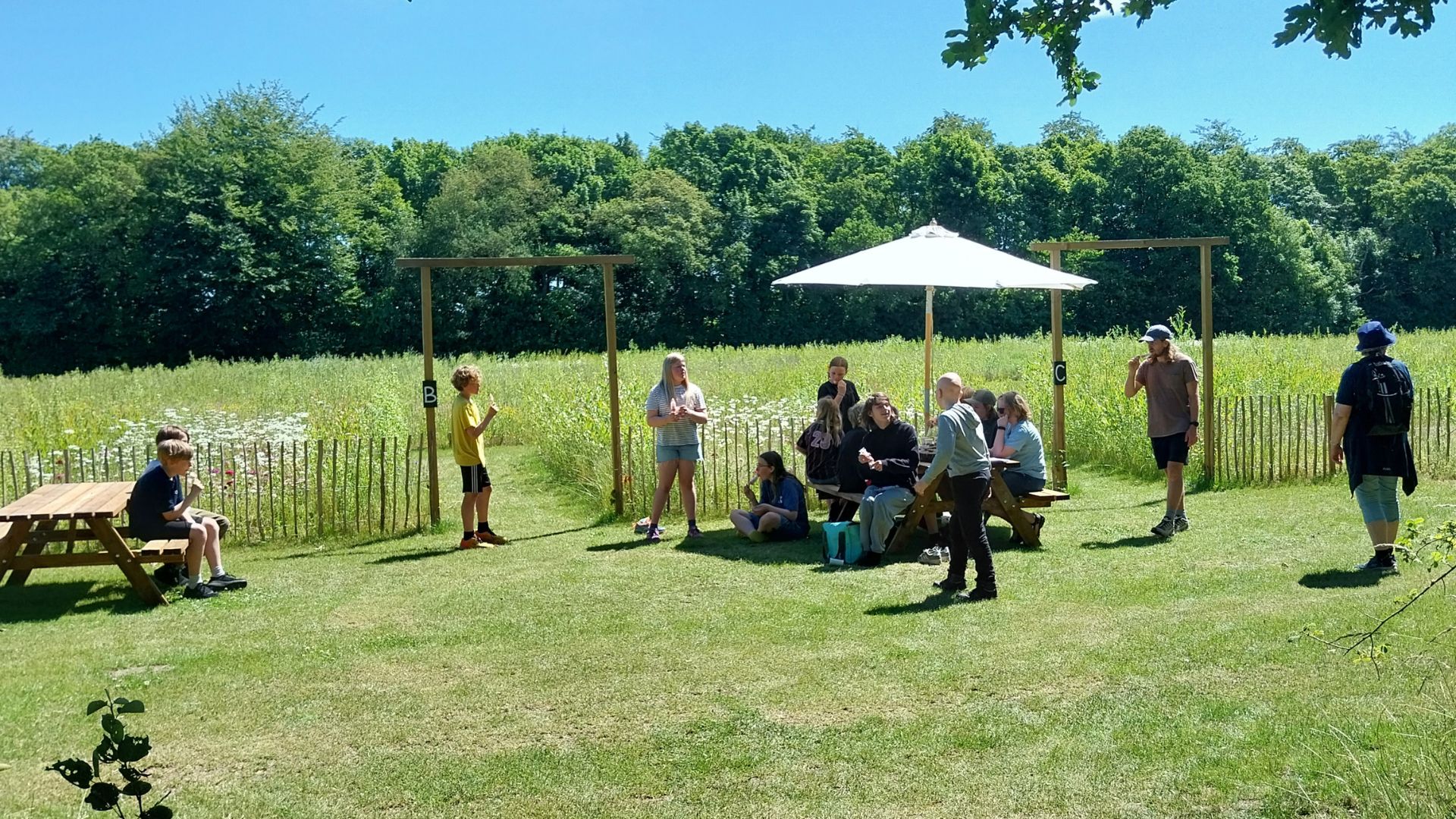 Familien genießen einen Sommertag bei Egtvedlabyrinten nahe Vejle