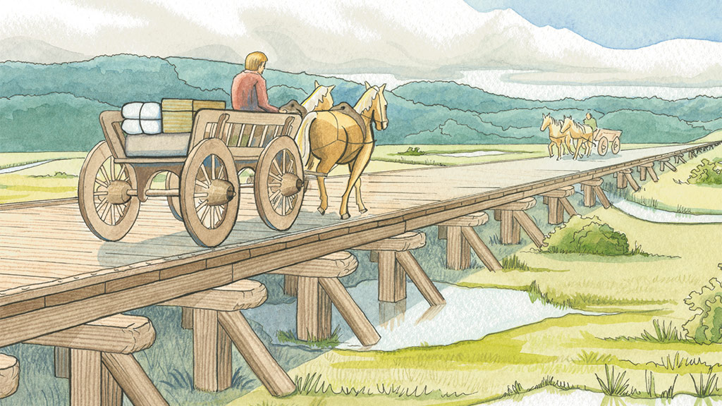 Illustration af Ravningbroen og dens funktion i vikingetiden i Vejle Ådal
