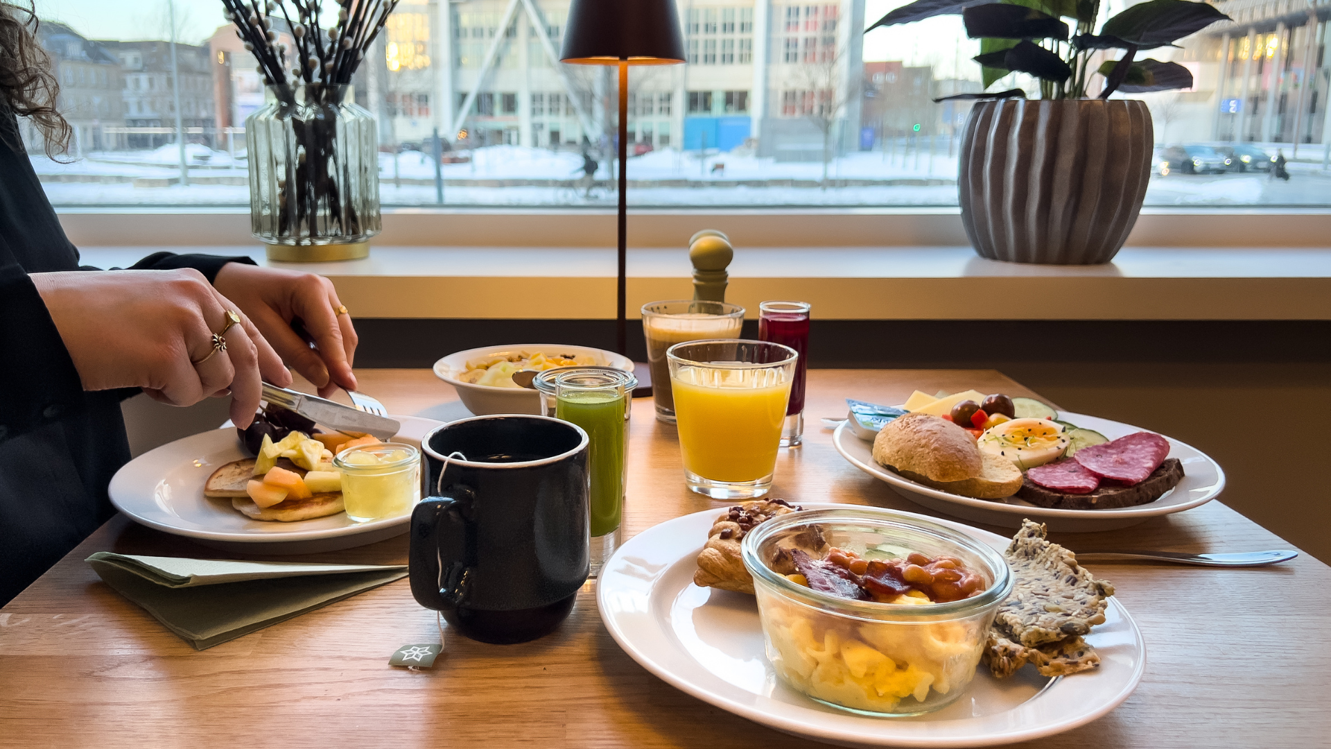Breakfast table, eggs, coffee, juice