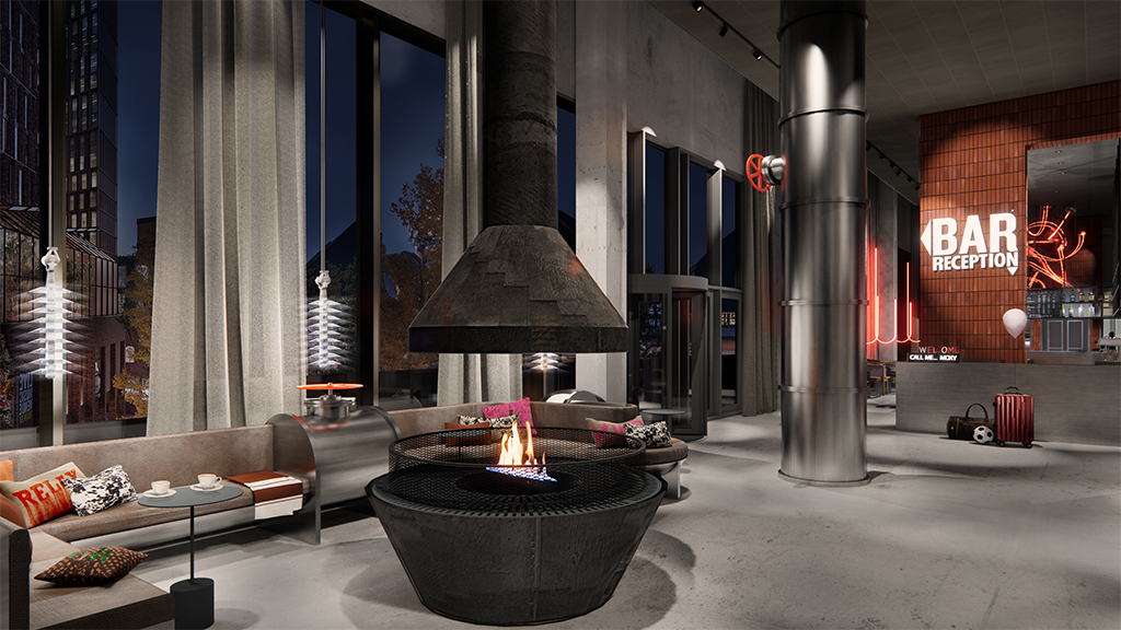 Bar og ildsted på Hotel Moxy Aarhus