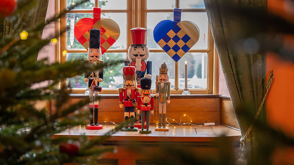 A window decorated for Christmas at Clausholm Castle