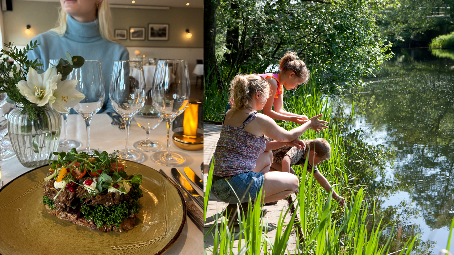 Mad på restaurant og børn ude i natur
