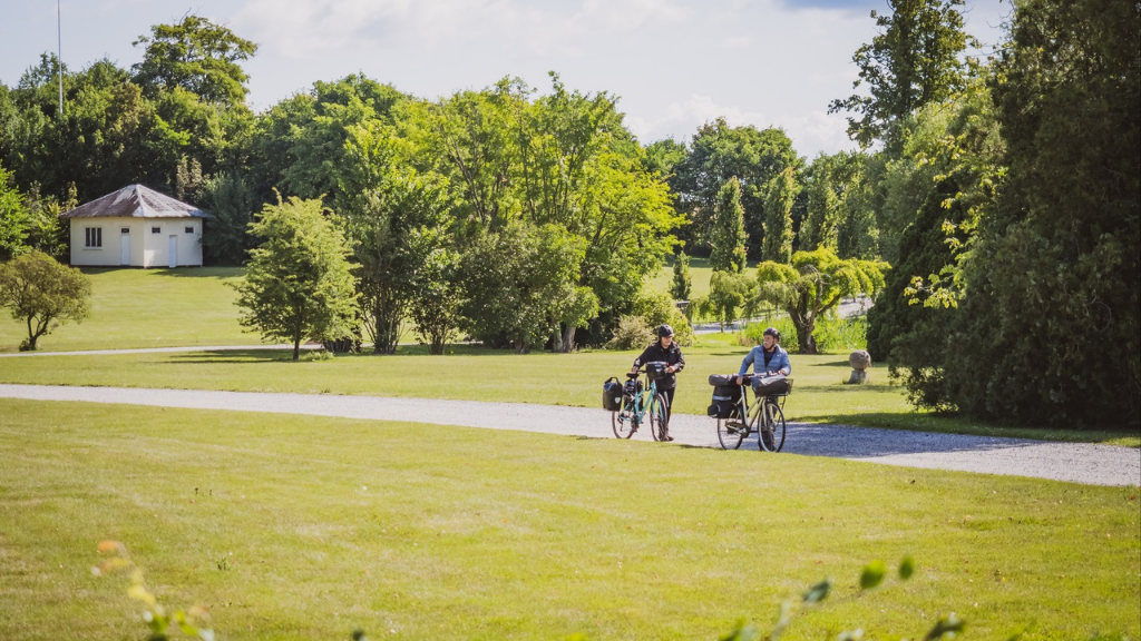 Two people are pulling a pair of bicycles through a cozy park.
