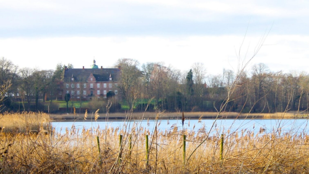 Herregård set på den anden side af noget vand og en gul mark.